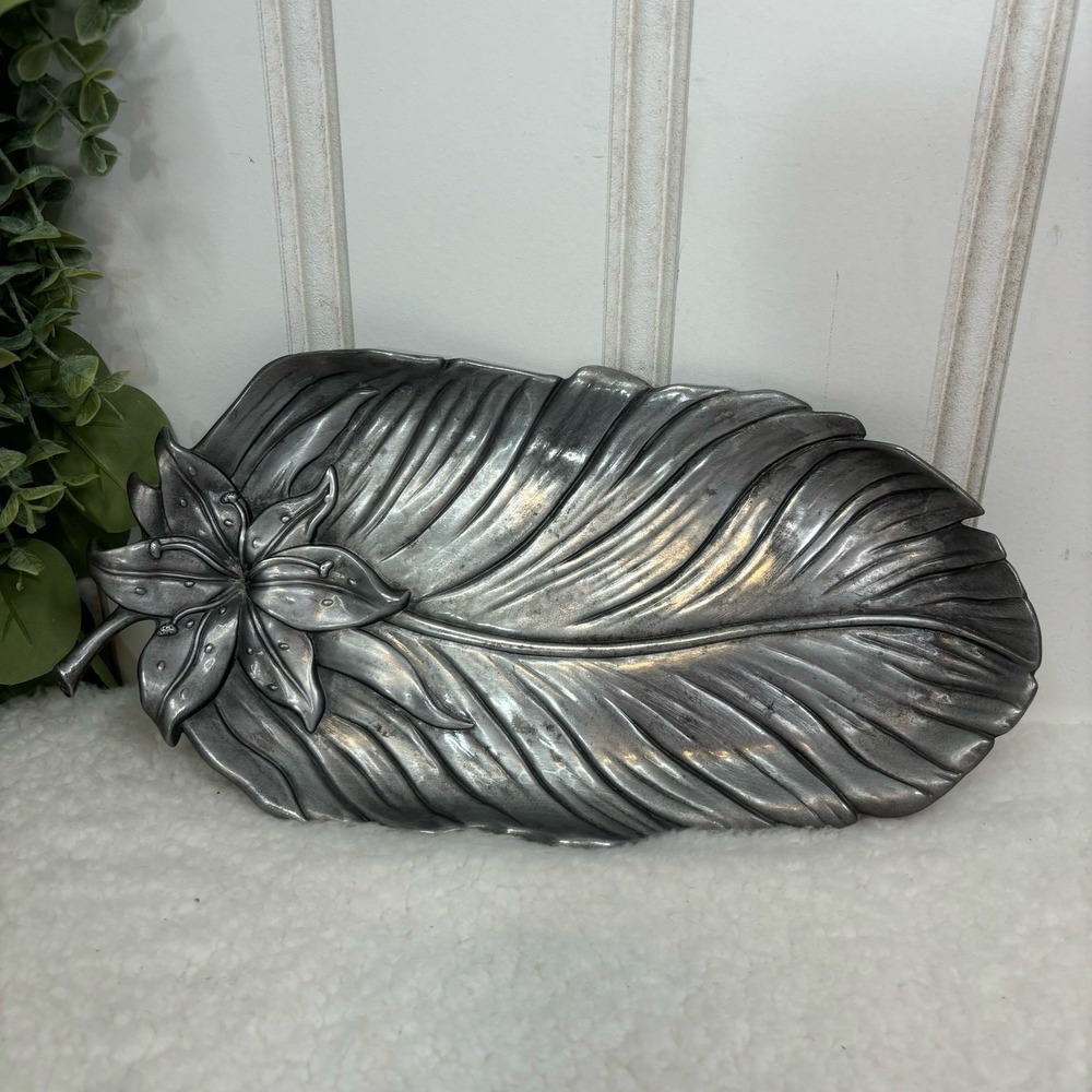 Fitz and Floyd Pewter Leaf Tray Lily Design Decorative Serving Platter Vintage‎